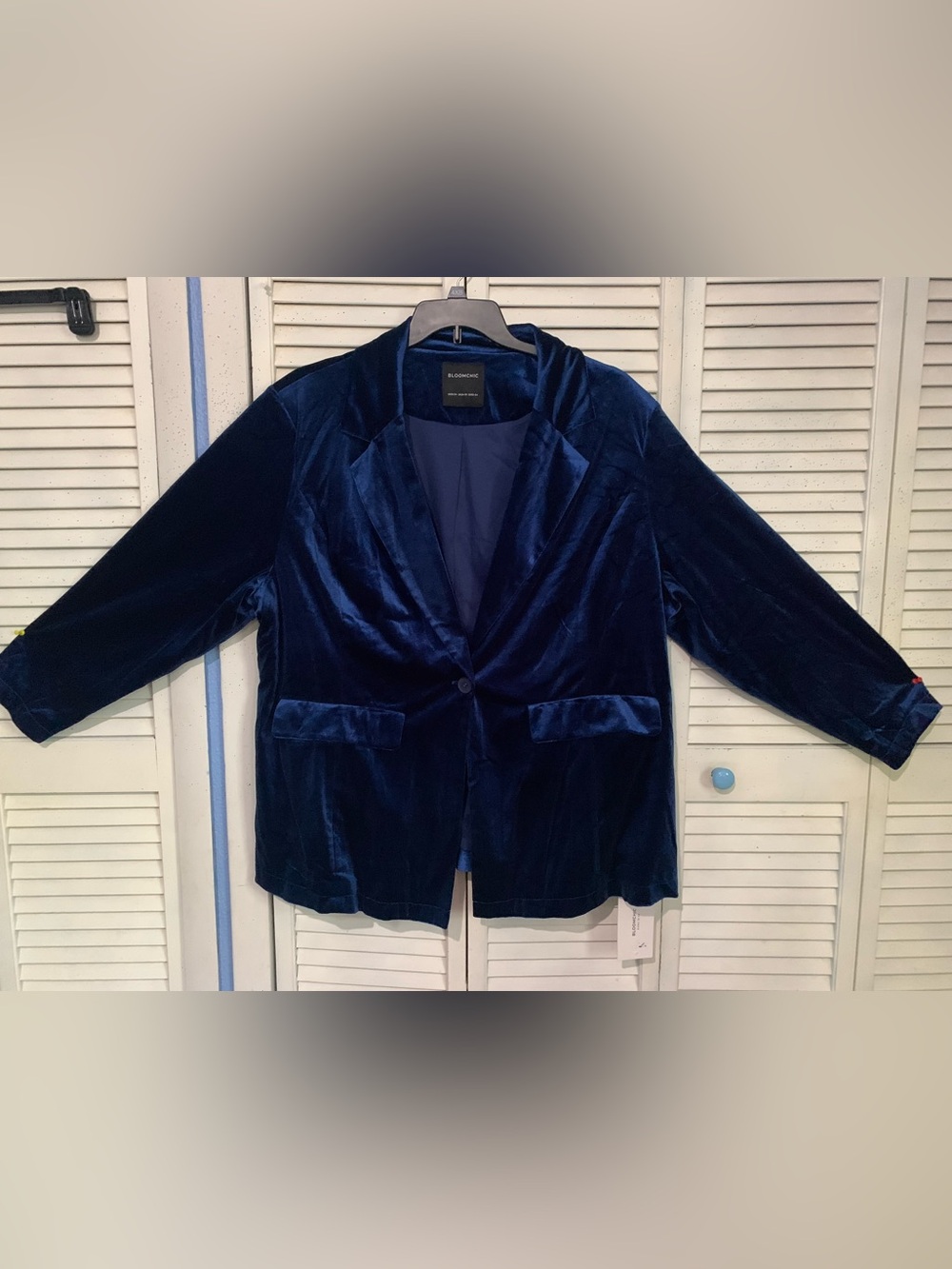 BloomChic Blue Velvet Look & Feel One Button Blazer Jacket